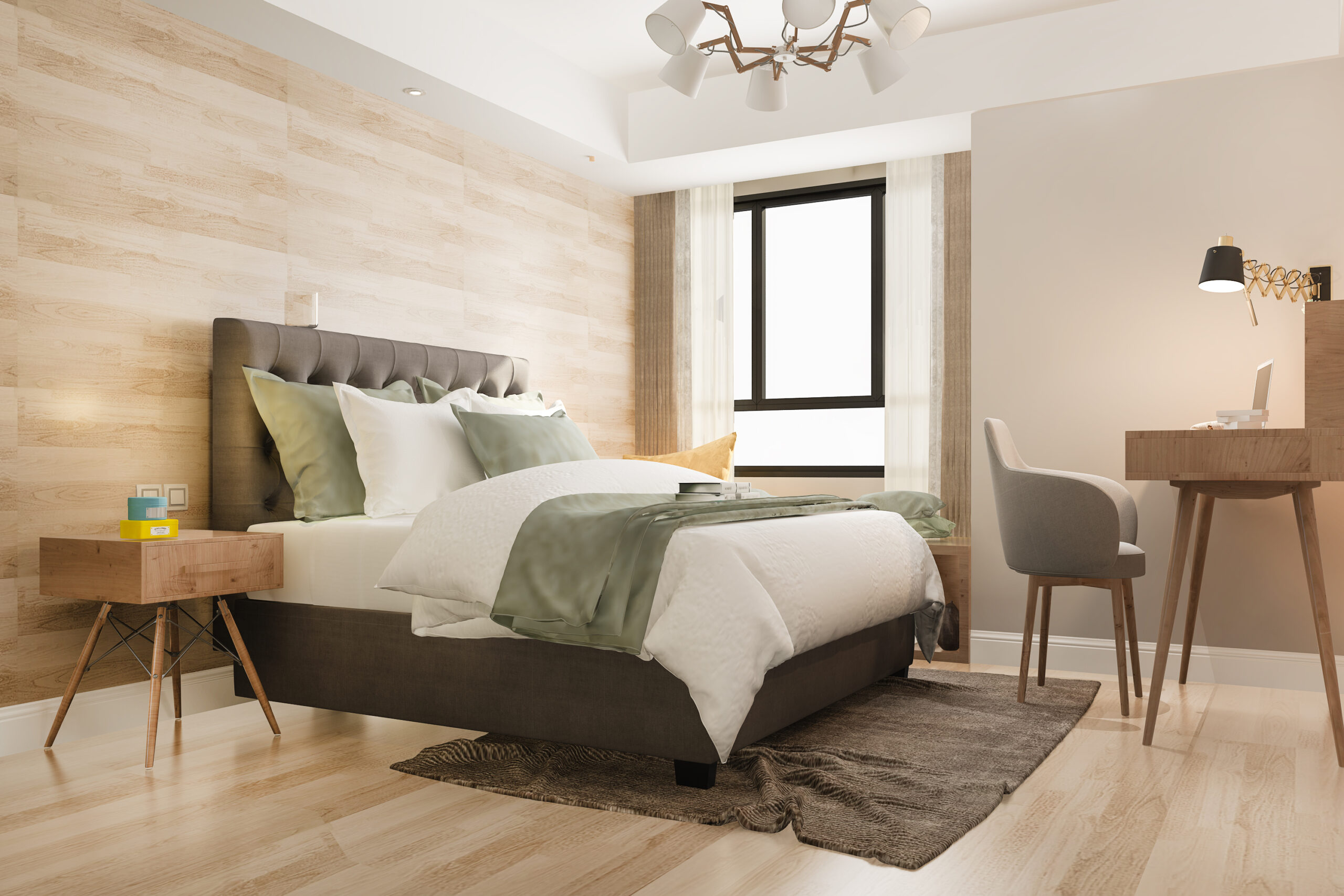 3d rendering beautiful luxury bedroom suite in hotel with working table