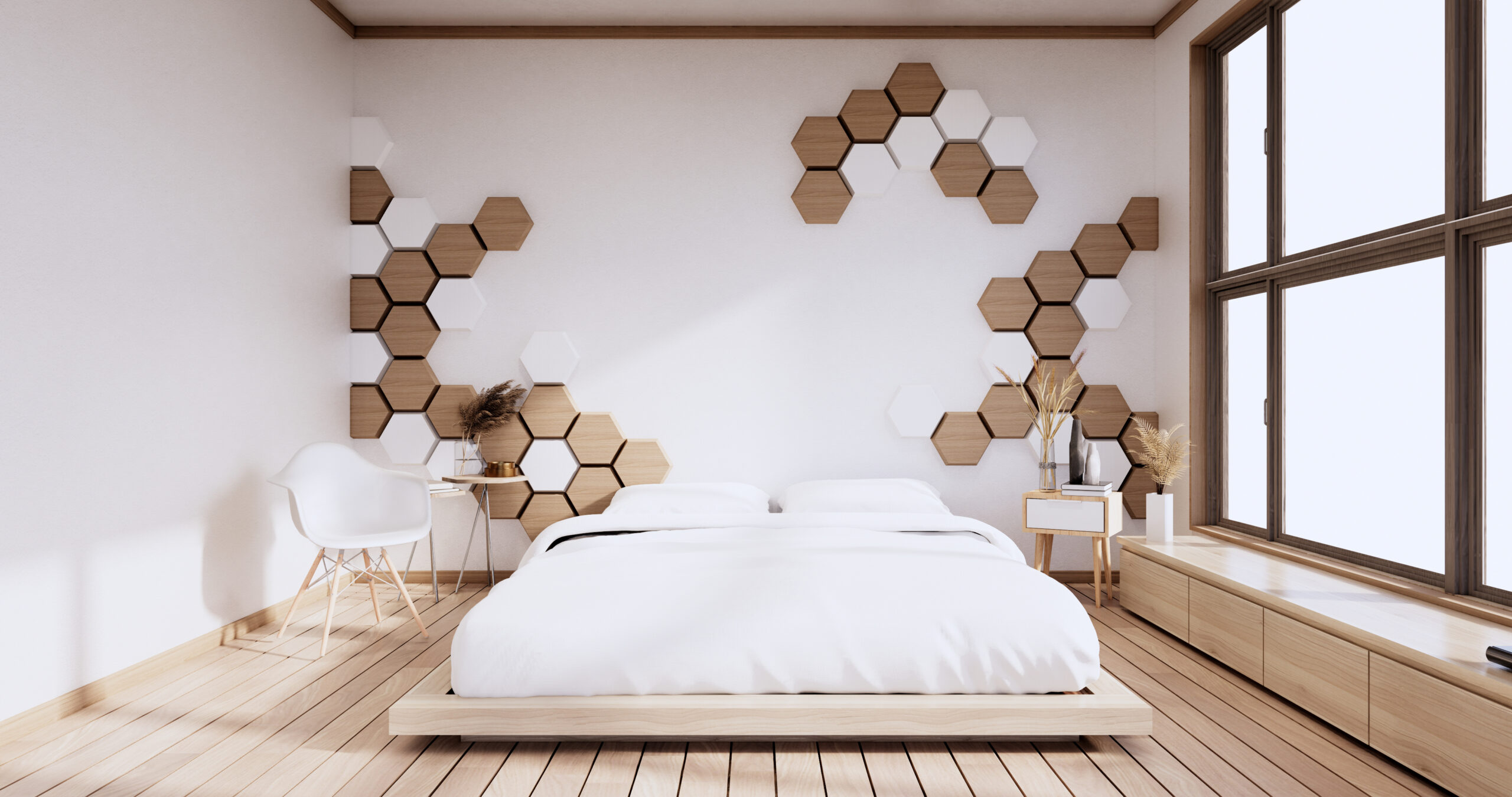 Bedroom, hexagon tiles wall design minimalist.3D rendering