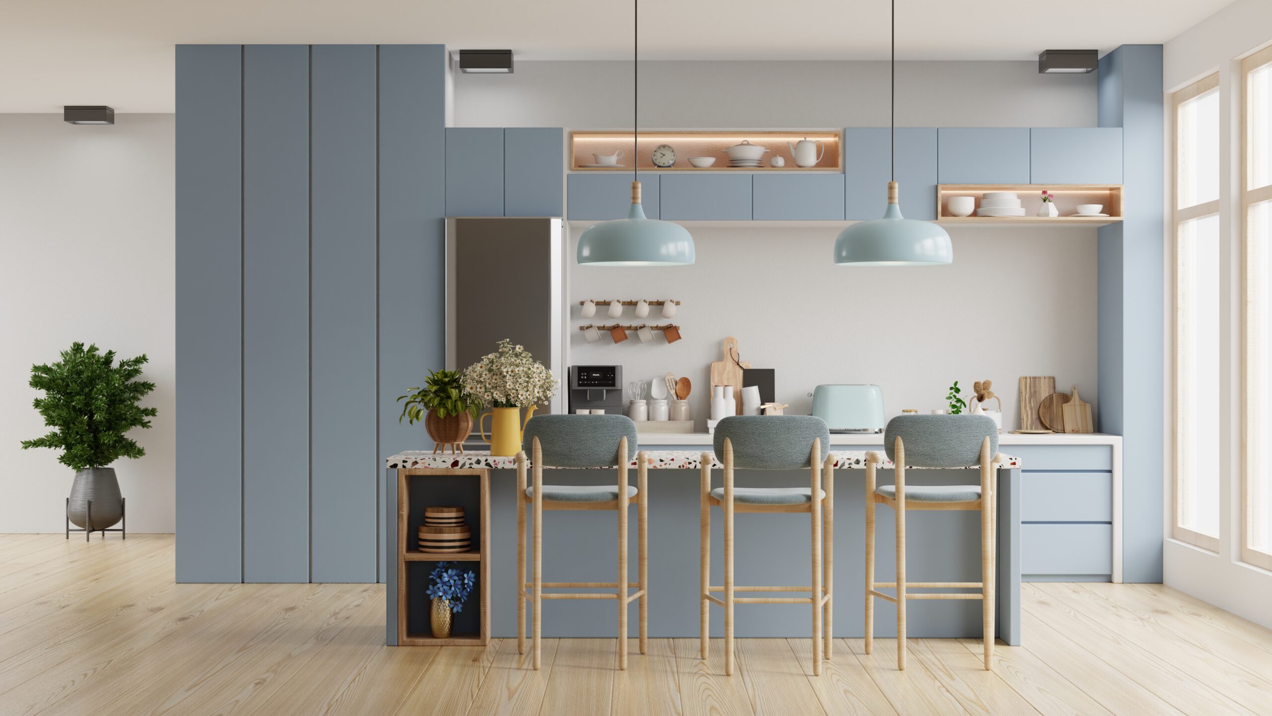 Modern blue kitchen interior with furniture,kitchen interior with white wall.3d rendering